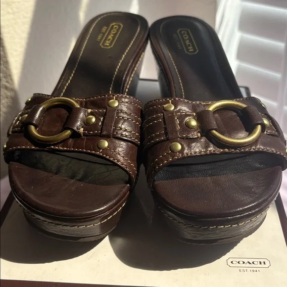 Coach Shoes Coach Dark Brown Platform Slides With Gold Buckles